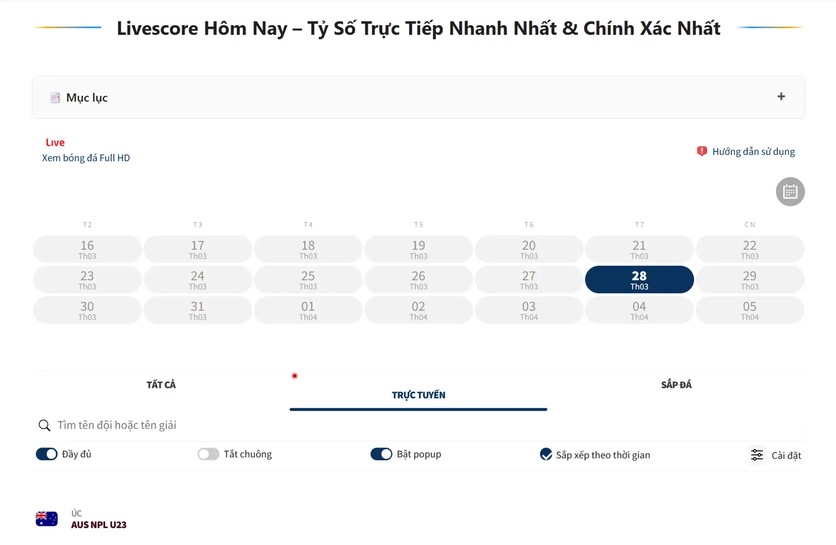Giao diện livescore trực tiếp rõ ràng và cập nhật nhanh tại KeoHomNay