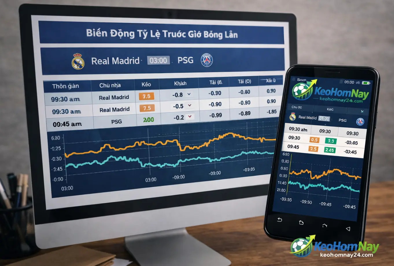 Bảng kèo bóng đá thể hiện biến động tỷ lệ trước giờ bóng lăn.